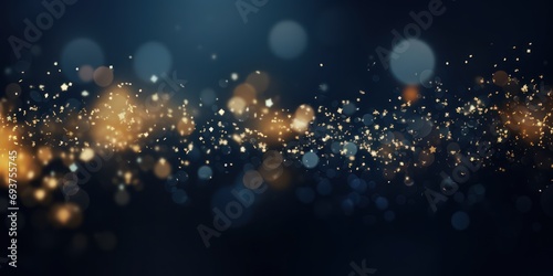 Christmas and New Year festive background. Golden stars and gilded ribbons on dark blue background with copy space for text. The concept of Christmas and New Year holidays 