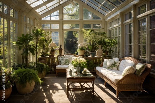 A sunlit conservatory with a variety of comfortable seating, eclectic plant arrangements, and large windows