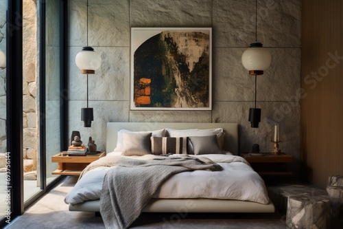 A bedroom with a blend of textured fabrics, modern lighting, and a gallery wall featuring eclectic artwork, making it a personalized and stylish retreat © Naseem