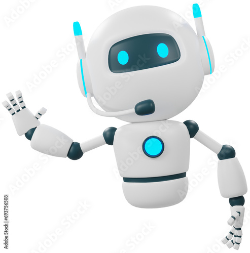 AI chat bot with headphone wave hand. Artificial intelligence smart robot technology. 3D PNG rendering. 