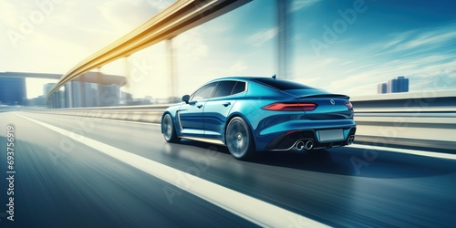 Close-up Rear view of blue Business car on high speed in turn. Blue car rushing along a high-speed highway © kimly