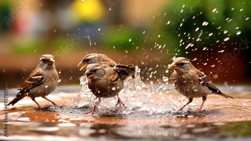 sparrows splashing in a puddle of water in the rain photo