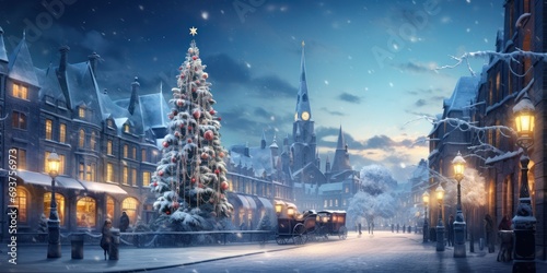 Fairytale winter town, square in front of the magistrate with a Christmas tree, background fantasy,