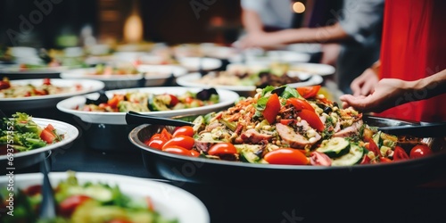 People group catering buffet food indoor in restaurant with italien food blur background 