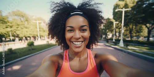 Smiling black afro-american woman in sport clothes and head band takes selfie by two hands in the park while jogging photo