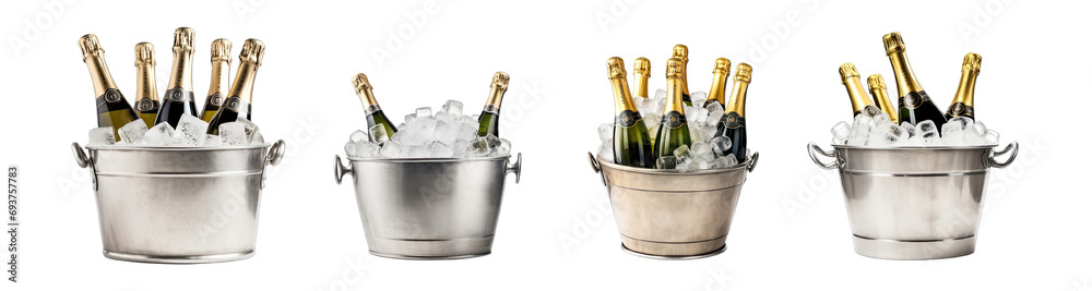 Collection of PNG. Bottles of champagne in ice bucket cooler isolated on a transparent background. - obrazy, fototapety, plakaty 