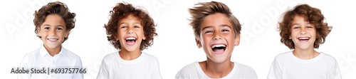 Collection of PNG. Cute white american boy child model with perfect clean teeth laughing and smiling isolated on a transparent background.