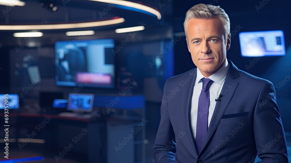 TV news presenter handsome mature white american british guy in a suit on live stream broadcast on television popular channel. - obrazy, fototapety, plakaty 