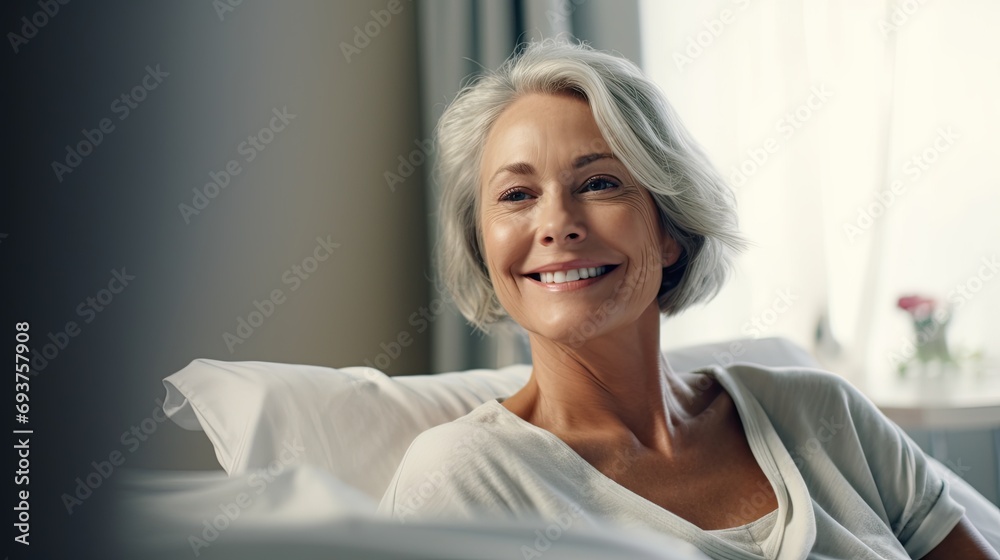 Smiling woman american adult woman patient in a clinic hospital room on a bed receiving good news. Smiling woman american adult woman patient in a clinic hospital room on a bed receiving good news.