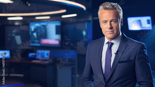 TV news presenter handsome mature white american british guy in a suit on live stream broadcast on television popular channel. photo