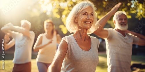 Stretching, yoga and senior people in park for muscle health, workout and training with retirement community. Pilates, exercise and happy elderly friends, group or women and men for fitness in nature 