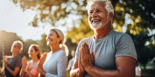 Stretching, yoga and senior people in park for muscle health, workout and training with retirement community. Pilates, exercise and happy elderly friends, group or women and men for fitness in nature
