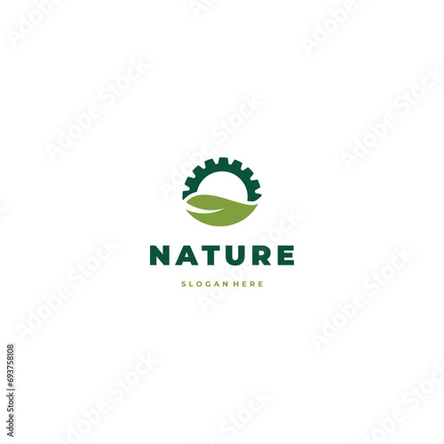 Nature technology logo, cog gear combine with leaf icon, clean industry concept