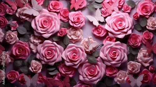 vibrant 3d pink roses and butterflies flourishing on a lush green living wall
