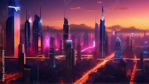 "Create a vibrant and futuristic cityscape at dusk, featuring sleek skyscrapers illuminated by neon lights and a bustling atmosphere. Show flying vehicles zipping through the sky and hints of advanced © Young