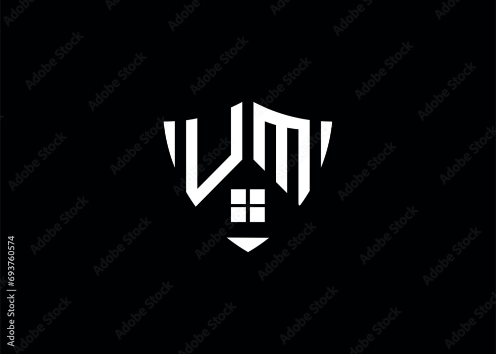 Real estate letter UM shield shape logo and house building vector template Real estate letter UM shield shape logo and house building vector template