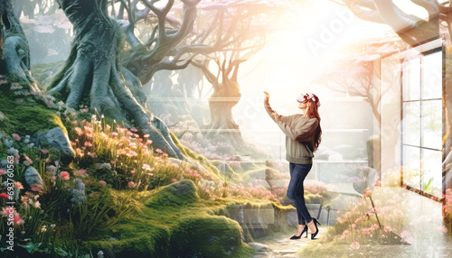 Woman in vr goggles, magical forest in metaverse. Ai generative illustration