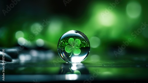 Glass globe with four-leaf clover on green bokeh background