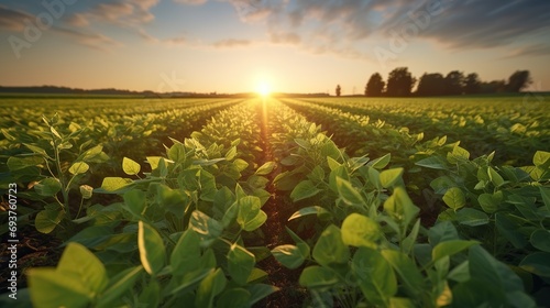 Soybean field at sunset. Young green soybean plants at sunset. photo