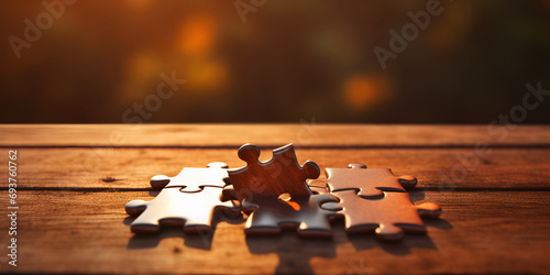 Closeup image of a woman holding and putting a piece of wooden jigsaw puzzle together in the outdoors, Teamwork connects jigsaw pieces to solve abstract puzzle successfully, generative AI 