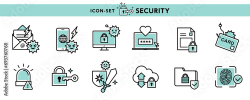 ウイルス対策、フィッシング詐欺、暗証番号などセキュリティ対策のアイコンセット