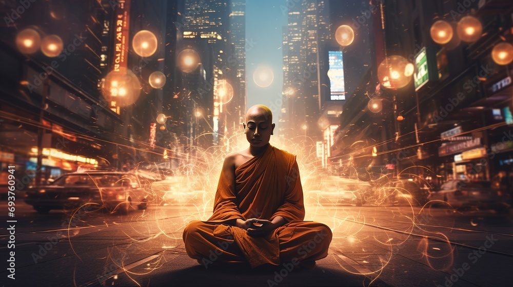 enlightenment concept with Buddhist monk meditating on busy street - obrazy, fototapety, plakaty 