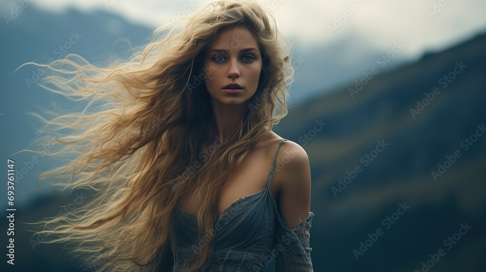 Beautiful woman with extremly long hair standing on mountain top