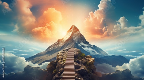 Digital mountain The path to success or business goals achievement concept