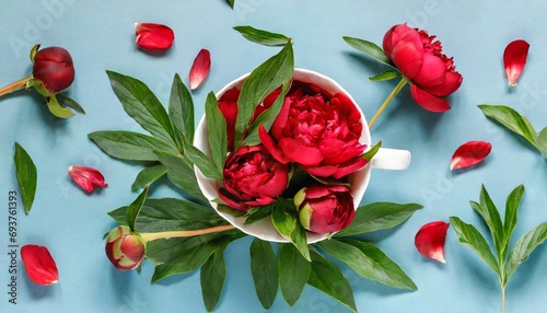 Red Petals Delight  Peonies in Cup  Artful Composition