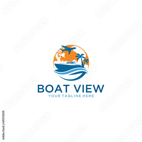 Center Console Boat logo. Unique and fresh Center console boat with Water splash in it. Great to use as your boat company logo, River boat logo, Lake views with retro badge design
