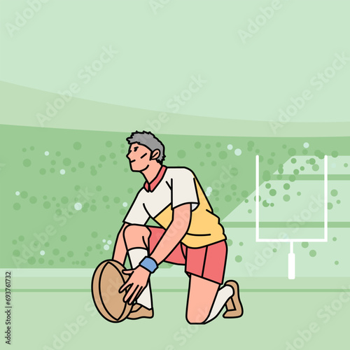 Rugby football character players action Athlete field line style illustration