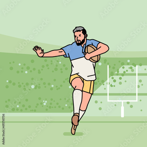 Rugby football character players action Athlete field line style illustration