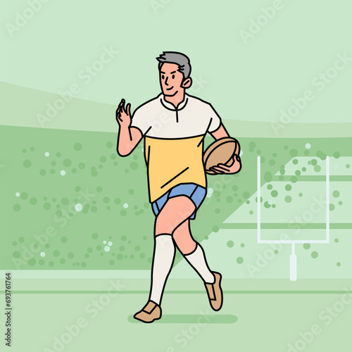 Rugby football character players action Athlete field line style illustration