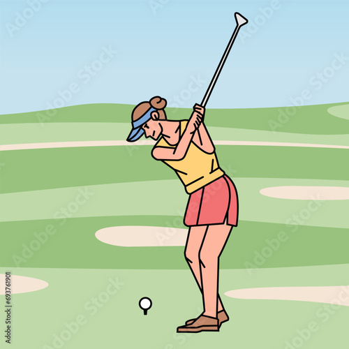 Young woman playing golf on the course line style illustration