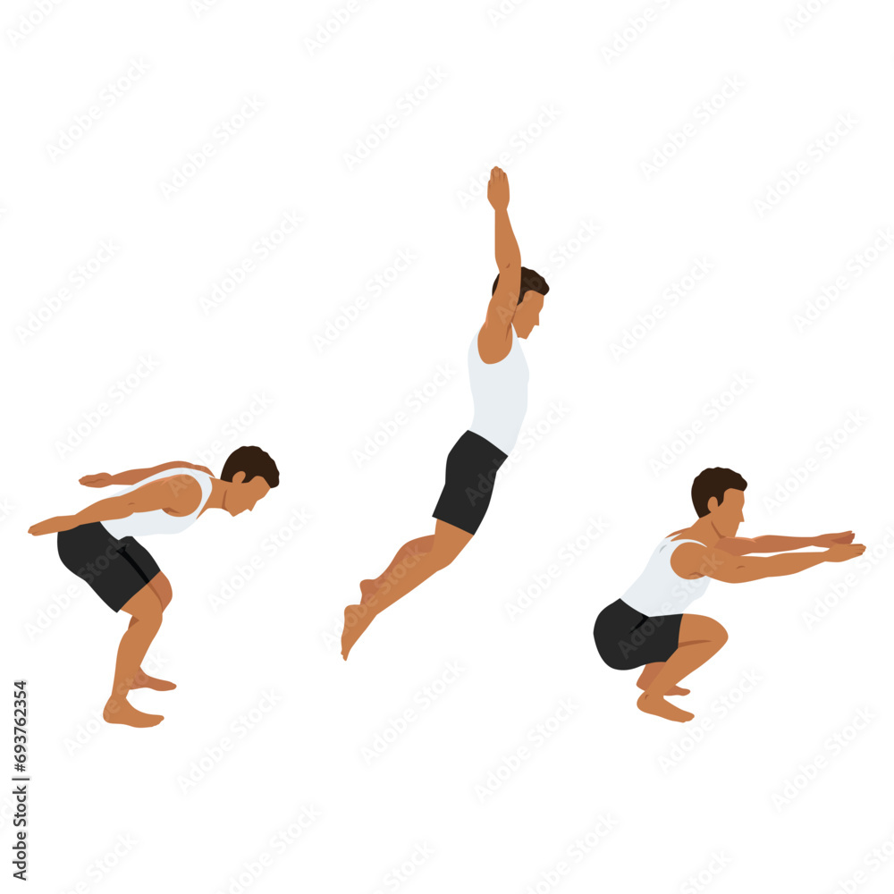 Man doing exercise in standing long jumping postures. Illustration about step by step of fitness pose for good exercise. Flat vector illustration isolated on white background