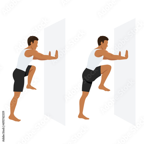 Man doing high knee on the wall or against the wall exercise. Flat vector illustration isolated on white background