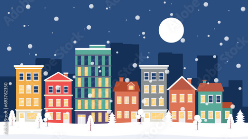 Cartoon winter night townscape vector illustration. Winter city landscape with colorful houses, buildings, trees, and snowflakes. Suitable for cover design, templates, banners, web, and pages