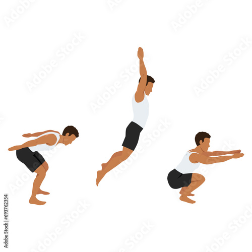 Man doing exercise in standing long jumping postures. Illustration about step by step of fitness pose for good exercise. Flat vector illustration isolated on white background