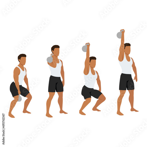 Man doing kettlebell clean and jerk exercise. Flat vector illustration isolated on white background