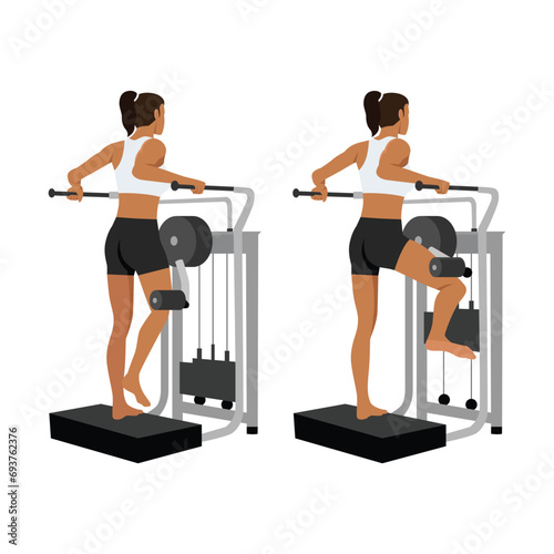 Man doing lever side hip abduction with machine exercise. Flat vector illustration isolated on white background