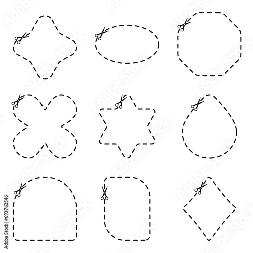 Set cut here shapes. Scissor cutting line symbol vector illustration.