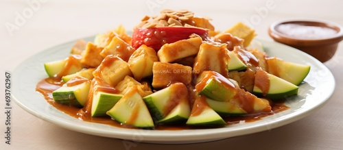 Rojak.Salad of mixed vegetables and fruits, drizzled with sauce comprising local prawn paste, sugar and lime. photo