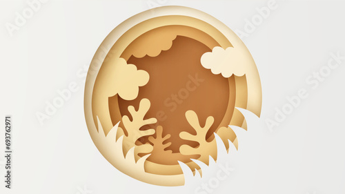 Paper art of Autumn forest landscape in circle frame. Autumn nature in circle frame. Autumn scenery. paper cut and craft style. vector, illustration.