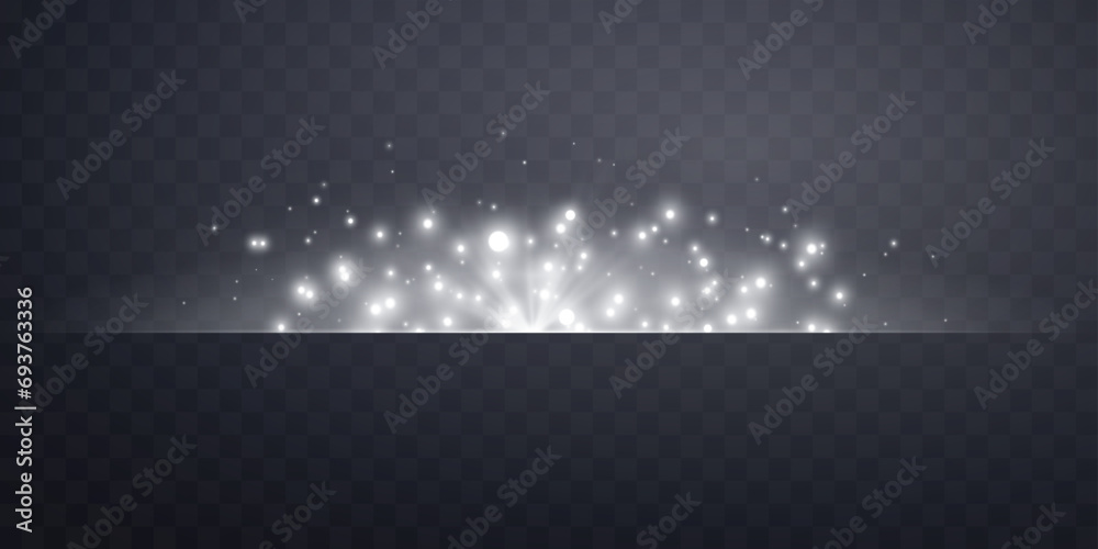 Silver horizontal lensflare. Light flash with rays or spotlight and bokeh. Silver glow flare light effect. Vector illustration. Isolated on dark transparent background. - obrazy, fototapety, plakaty 