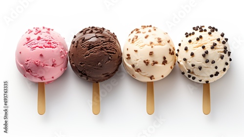 Cartoon ice cream and waffle cones with gelato balls. Ice cream dessert food in chocolate strawberry mint and vanilla flavors. photo