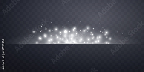 Silver horizontal lensflare. Light flash with rays or spotlight and bokeh. Silver glow flare light effect. Vector illustration. Isolated on dark transparent background. photo
