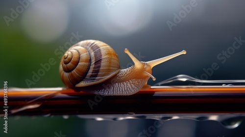 Snail crawling on a wet glass surface, shallow depth of field