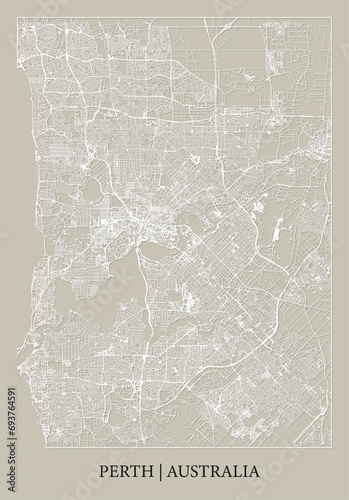Perth (Western Australia) street map outline for poster, paper cutting.