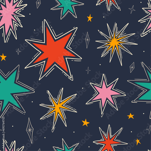 Hand drawn starburst seamless pattern. Abstract star shape doodle style graphics. Bright colorful design for surface decoration and backgrounds.