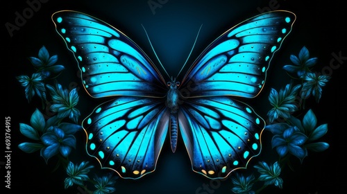 vibrant blue butterfly on dark background - elegant insect wing design, wildlife illustration for wallpaper, decoration, and concept ideas © Ashi